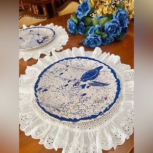 White Ruffled & Scalloped (Eyelet) Placemats - Natural Cotton Fabric (Set of 4)